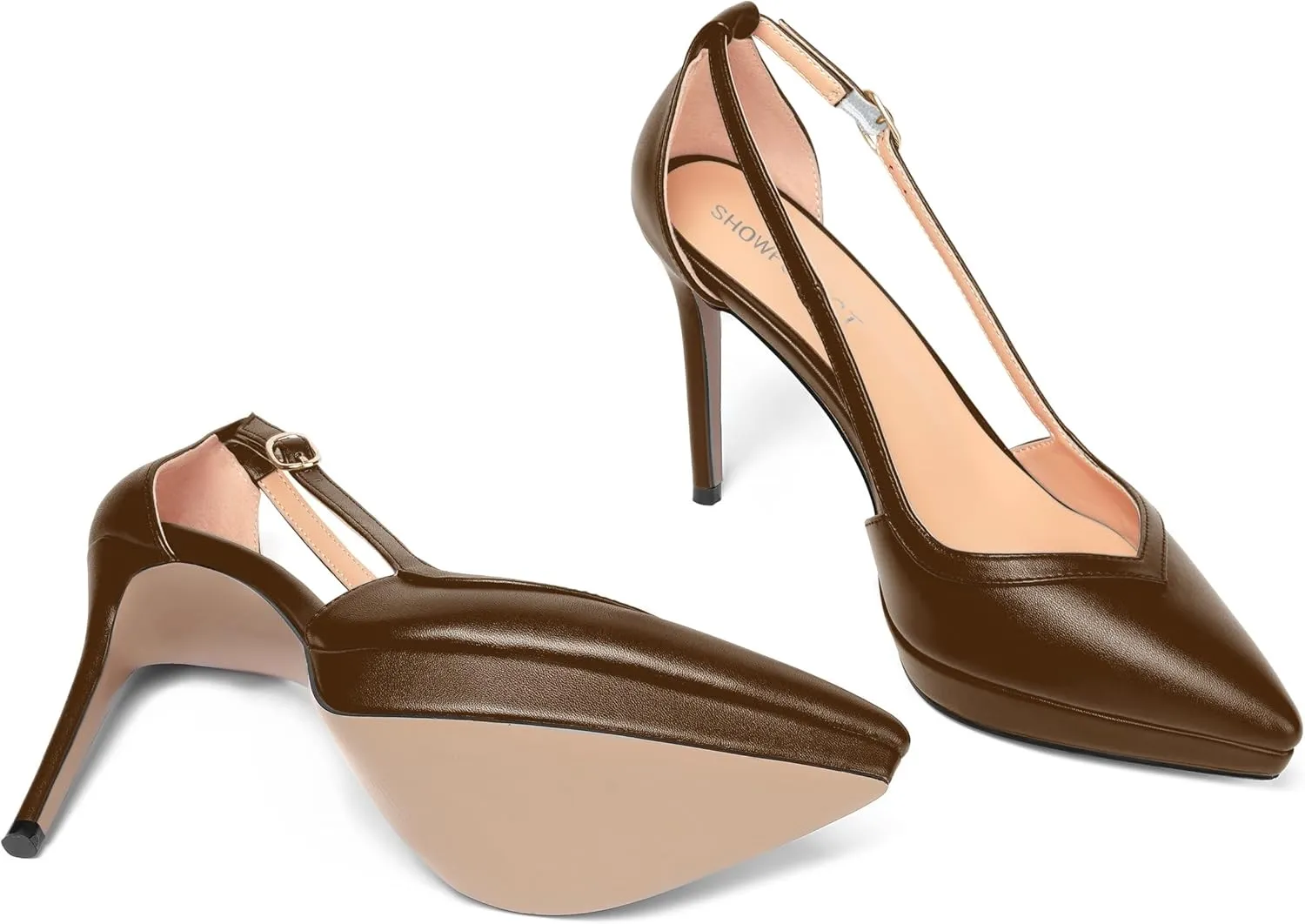 SHOWFOREST Womens Slip On Adjustable Strap Office Platform Solid Fashion Matte Pointed Toe Stiletto High Heel Pumps Shoes 4 Inch