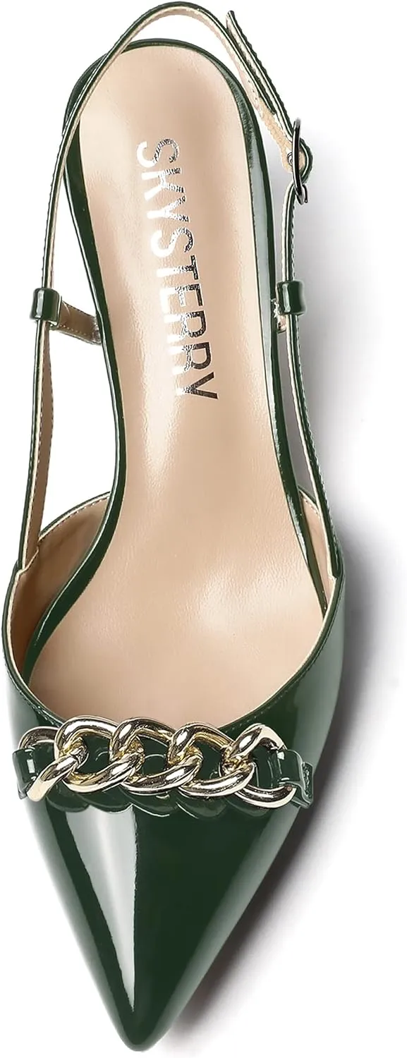 SKYSTERRY Women's Casual Metal Slip On Pointed Toe Patent Slingback Dating Spool Low Heel Pumps Shoes 2 Inch