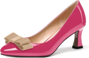 SKYSTERRY Women's Casual Round Toe Patent Bow Slip On Wedding Spool Mid Heel Pumps Shoes 2.5 Inch