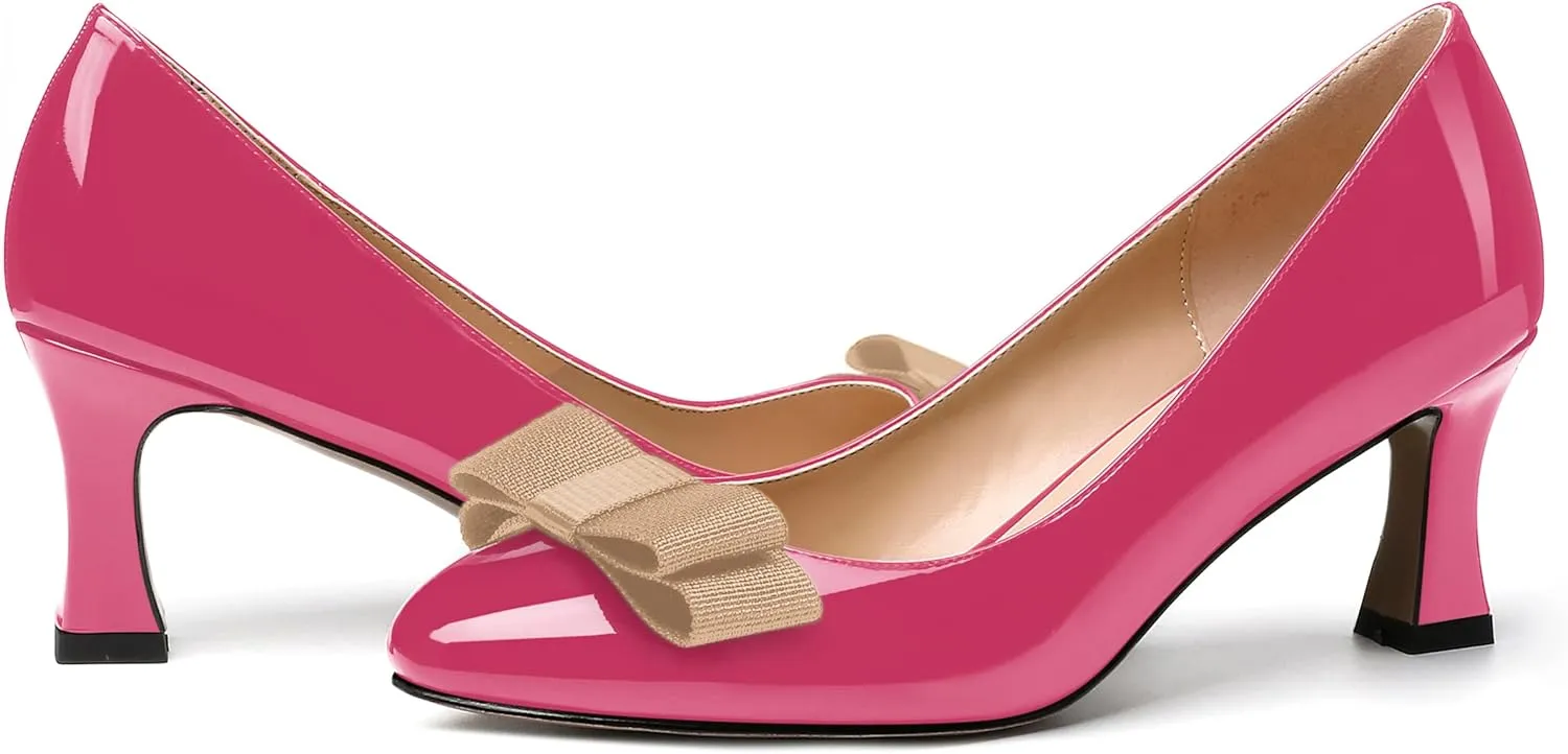 SKYSTERRY Women's Casual Round Toe Patent Bow Slip On Wedding Spool Mid Heel Pumps Shoes 2.5 Inch