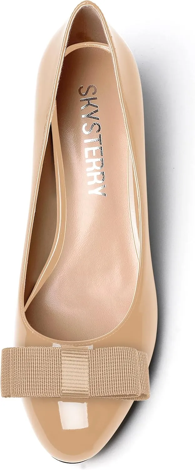 SKYSTERRY Women's Casual Round Toe Patent Bow Slip On Wedding Spool Mid Heel Pumps Shoes 2.5 Inch