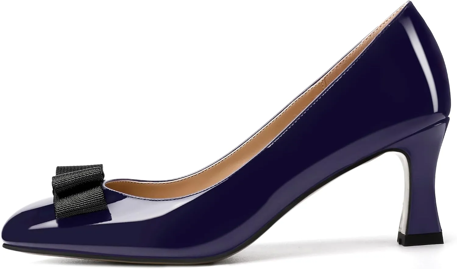 SKYSTERRY Women's Casual Round Toe Patent Bow Slip On Wedding Spool Mid Heel Pumps Shoes 2.5 Inch