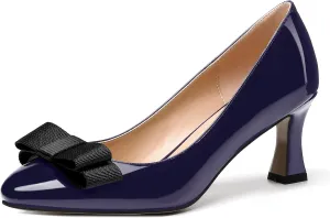 SKYSTERRY Women's Casual Round Toe Patent Bow Slip On Wedding Spool Mid Heel Pumps Shoes 2.5 Inch