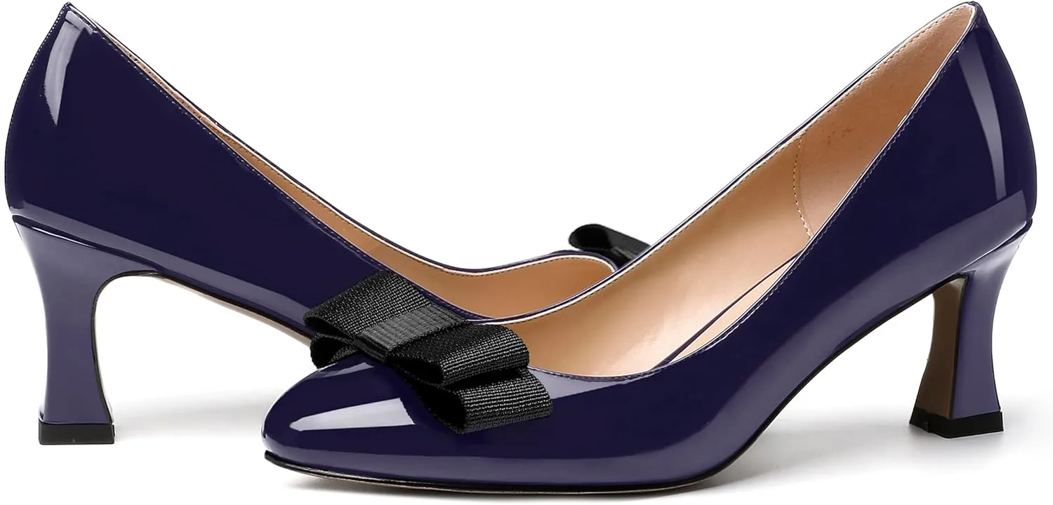 SKYSTERRY Women's Casual Round Toe Patent Bow Slip On Wedding Spool Mid Heel Pumps Shoes 2.5 Inch