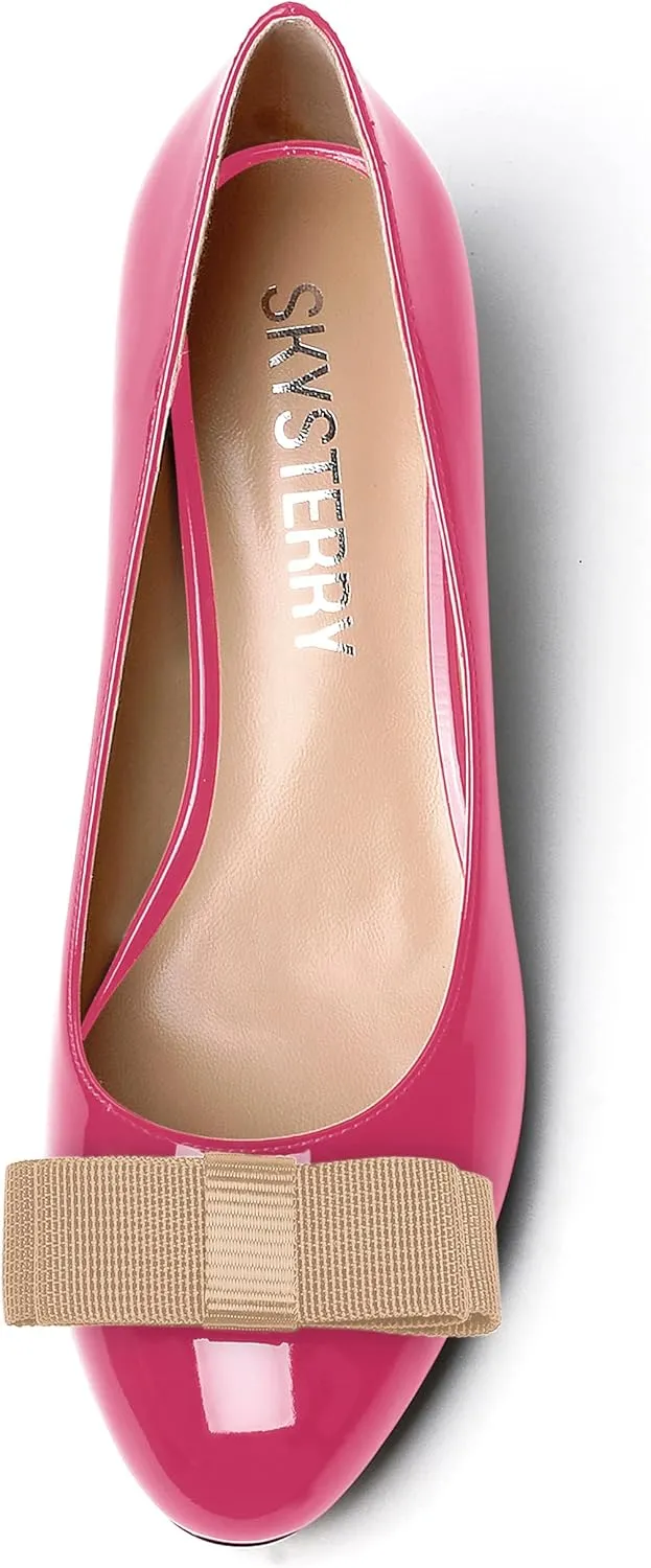 SKYSTERRY Women's Casual Round Toe Patent Bow Slip On Wedding Spool Mid Heel Pumps Shoes 2.5 Inch