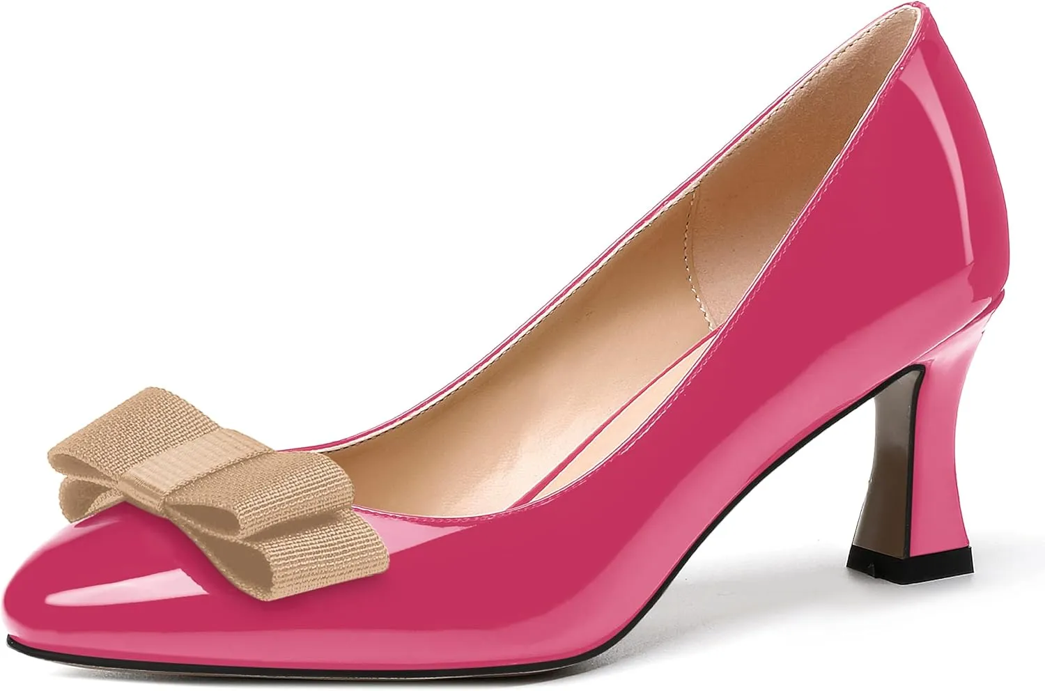 SKYSTERRY Women's Casual Round Toe Patent Bow Slip On Wedding Spool Mid Heel Pumps Shoes 2.5 Inch