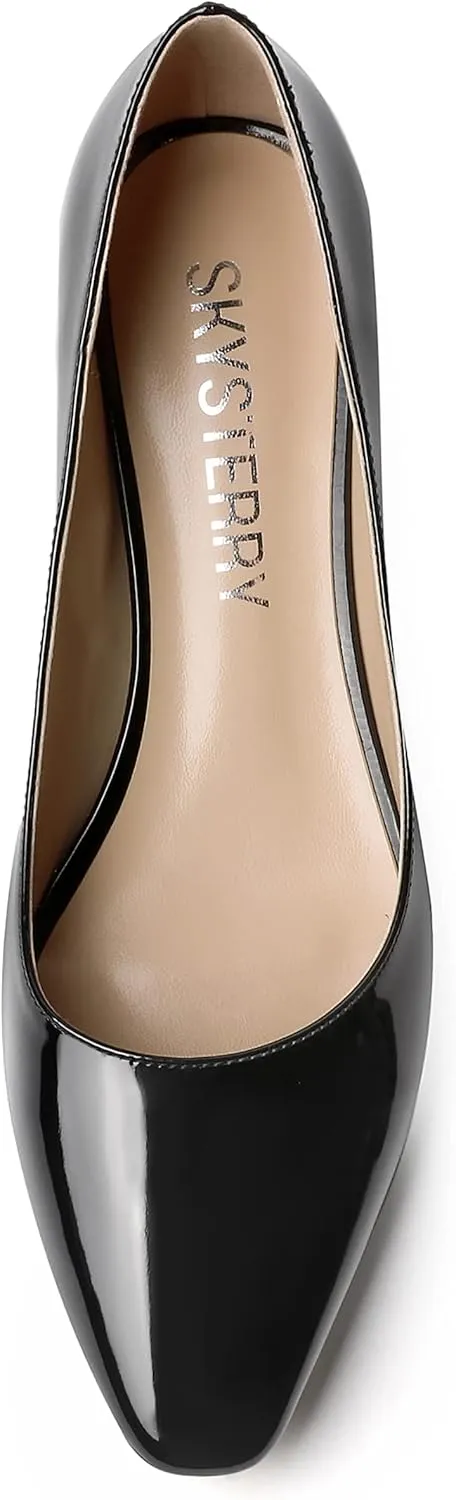 SKYSTERRY Women's Patent Slip On Square Toe Office Casual Spool Low Heel Pumps Shoes 1.5 Inch