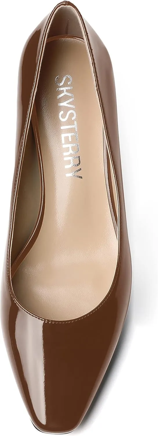 SKYSTERRY Women's Square Toe Casual Office Slip On Patent Spool Low Heel Pumps Shoes 2 Inch