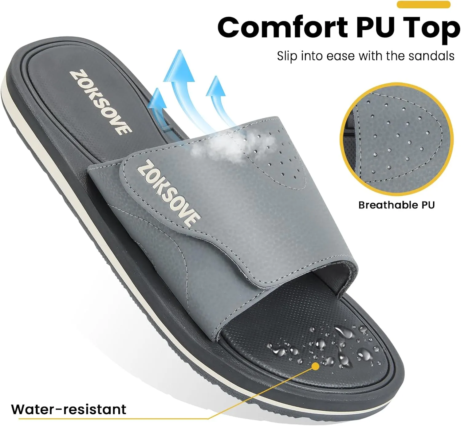 Slides for Men - Adjustable Slide Sandals Slip On- Open Toe Memory Foam Beach Sandals - Comfortable Summer Footwear for indoor/outdoor - Black 7