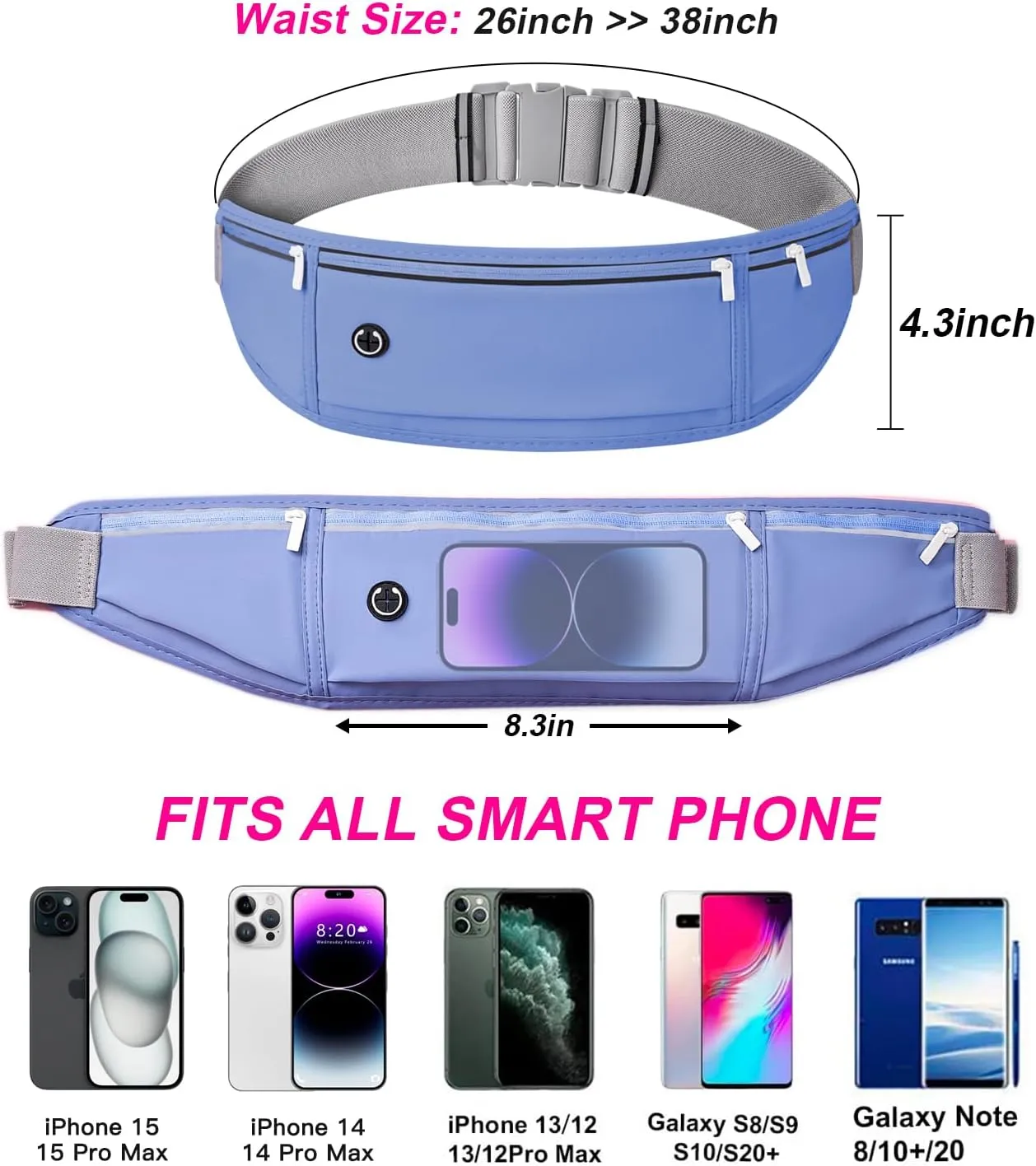 Slim Running Belt for Women Men,Runners Fanny Pack Phone Holder,Money Belt,Running Gear Accessories,with 3 Pockets.(Blue)