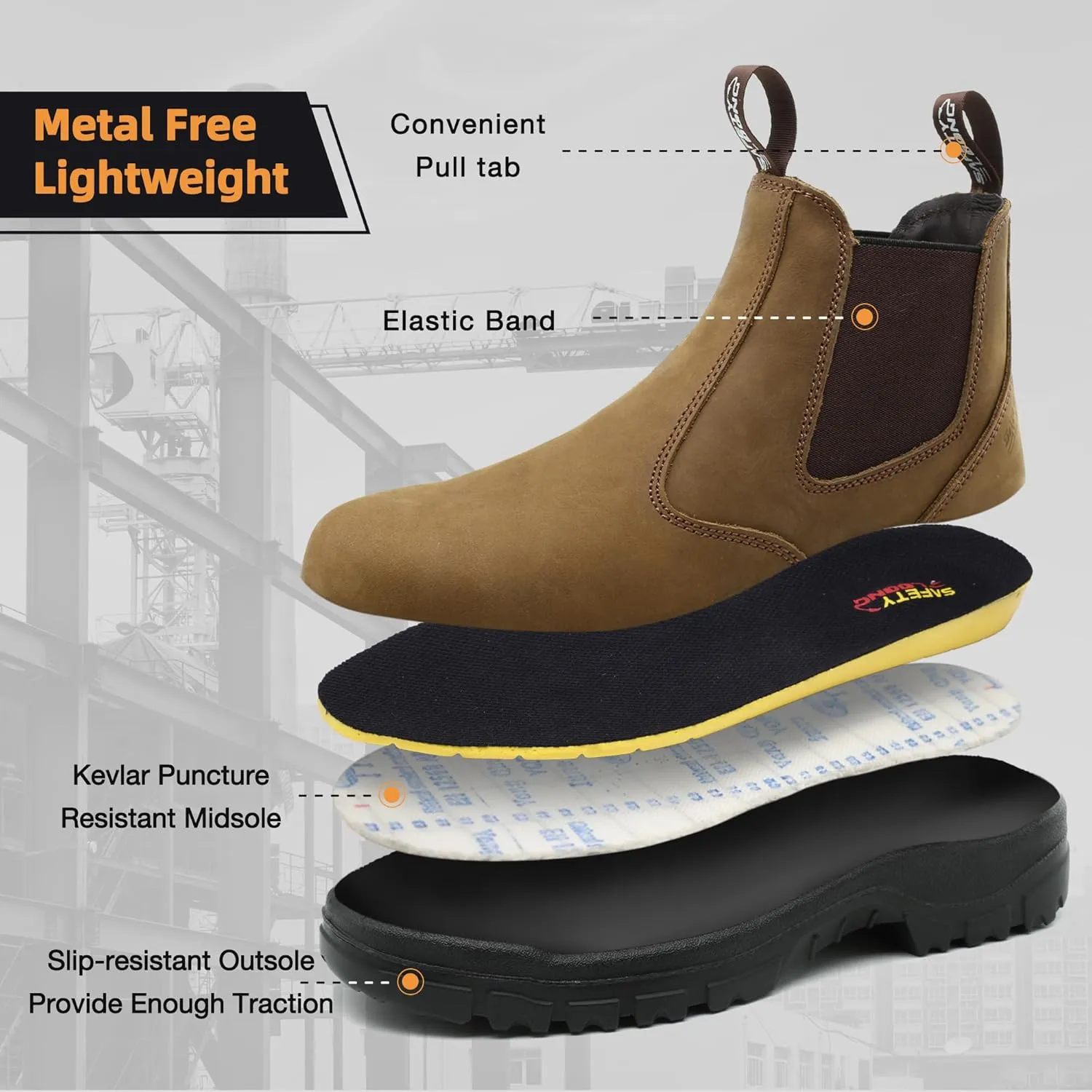 Slip on Work Boots for Men Soft/Composite Toe Comfort Leather Abrasion Puncture Slip Resistant Sole Safety Chelsea
