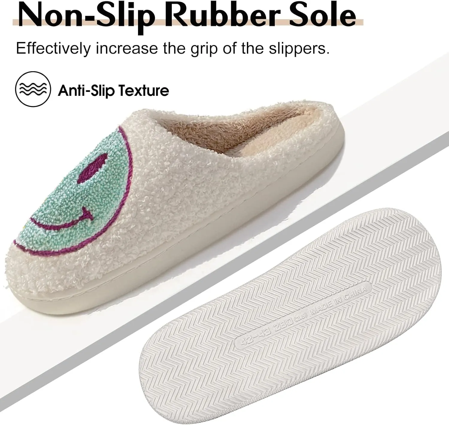 Smile Face Slippers for Women - Soft Plush Retro Preppy Slip-on Comfortable Indoor/Outdoor Shoes