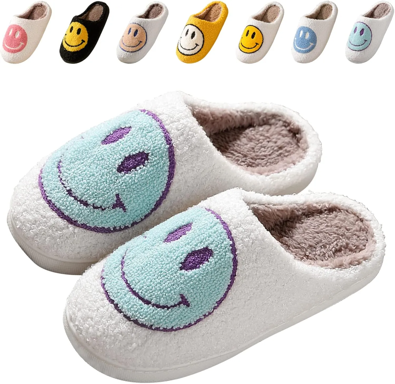 Smile Face Slippers for Women - Soft Plush Retro Preppy Slip-on Comfortable Indoor/Outdoor Shoes