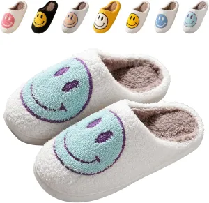 Smile Face Slippers for Women - Soft Plush Retro Preppy Slip-on Comfortable Indoor/Outdoor Shoes