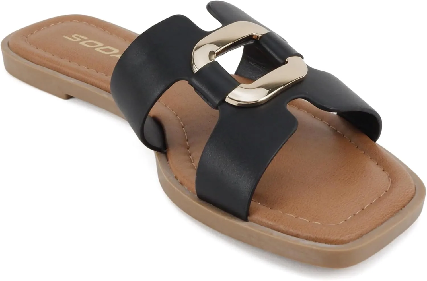 Soda “FENG” ~ Women Square Toe H-Band Slip-On Fashion Slide Sandal with Buckle Detail