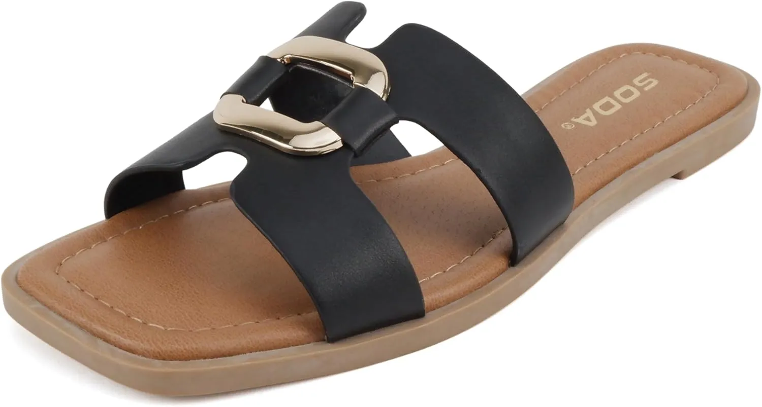 Soda “FENG” ~ Women Square Toe H-Band Slip-On Fashion Slide Sandal with Buckle Detail