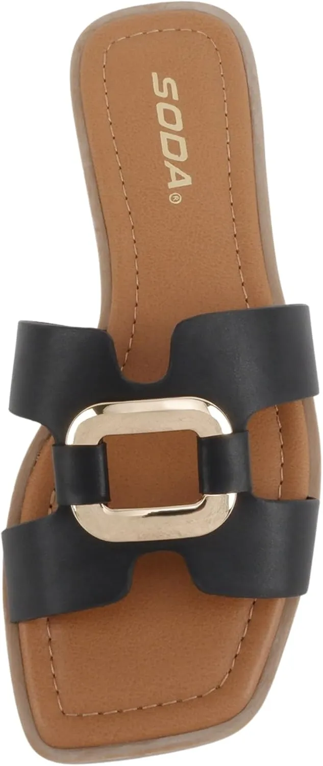 Soda “FENG” ~ Women Square Toe H-Band Slip-On Fashion Slide Sandal with Buckle Detail