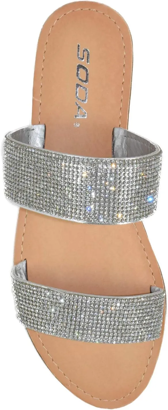 Soda Shoes Women Flip Flops Slippers Sandals Double Strap Slide Casual Bling Rhinestone Crystals AMONG-S