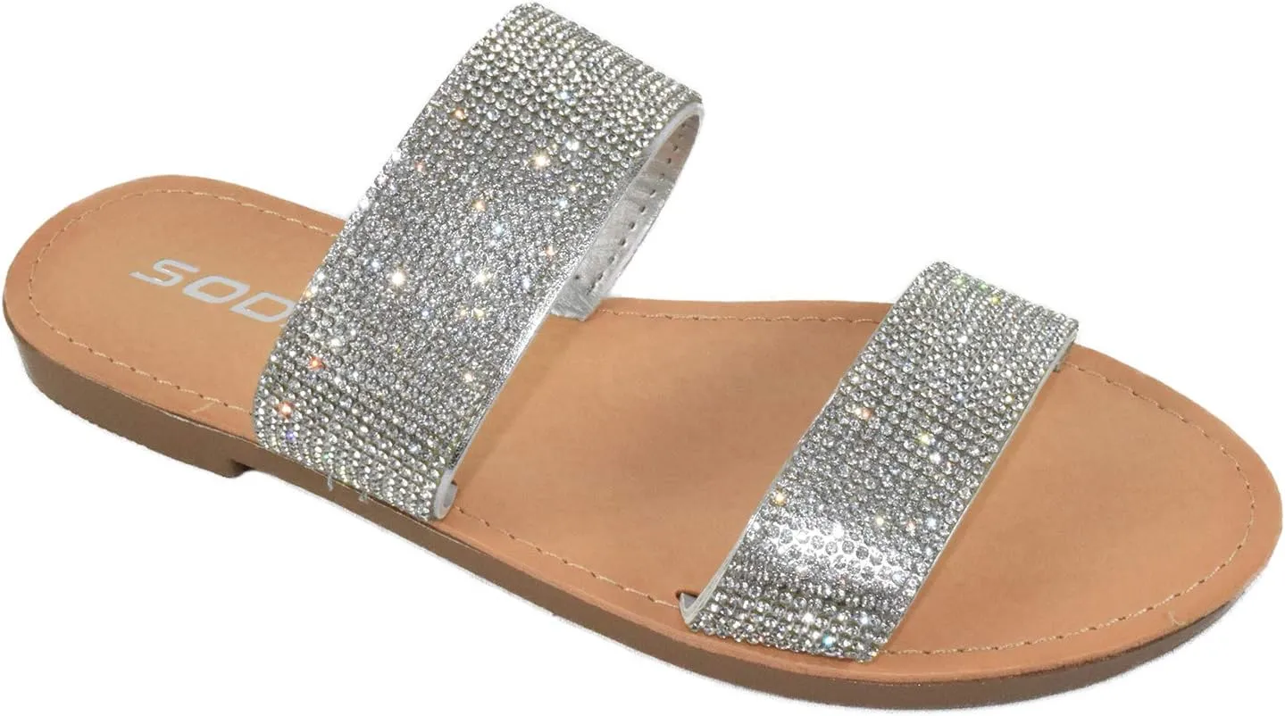 Soda Shoes Women Flip Flops Slippers Sandals Double Strap Slide Casual Bling Rhinestone Crystals AMONG-S