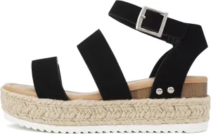 Soda Top Shoe Bryce Open Toe Buckle Ankle Strap Espadrilles Flatform Wedge Casual Sandal