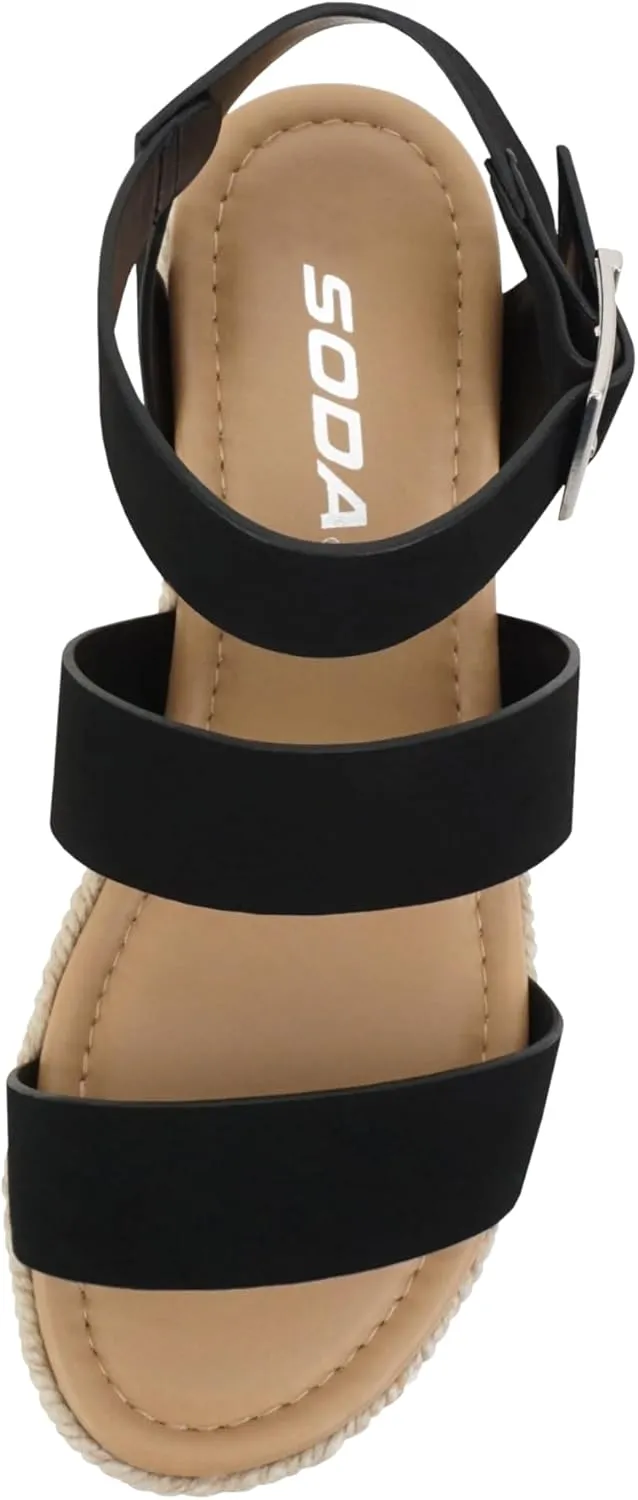 Soda Top Shoe Bryce Open Toe Buckle Ankle Strap Espadrilles Flatform Wedge Casual Sandal