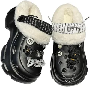 Solid Color Thermal Lined Clogs, Slip On Soft Sole Platform Non-Slip Fuzzy Shoes, Winter Plush Closed Toe Shoes