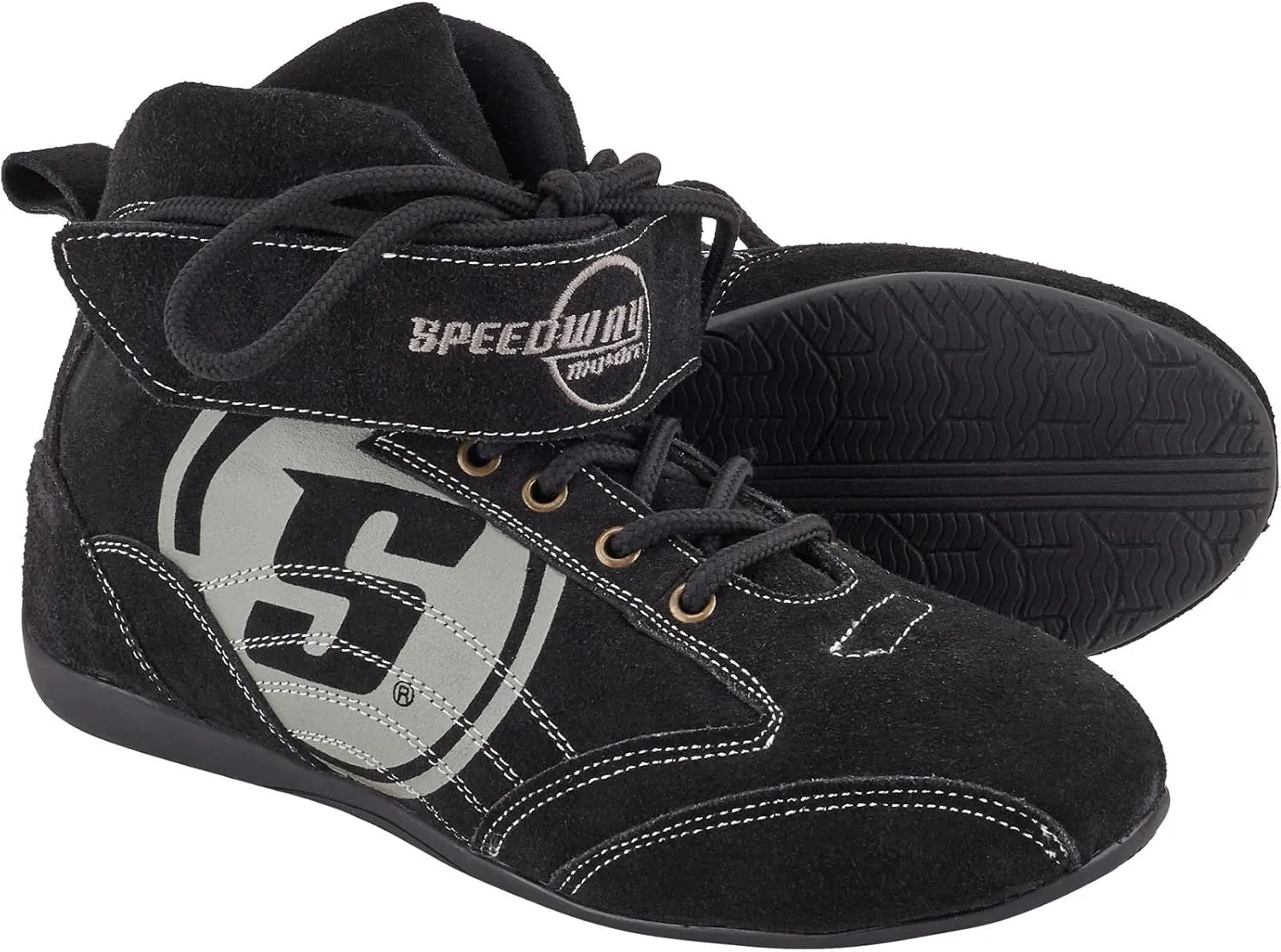 Speedway Motors Viper Mid-Top SFI 3.3/5 Racing Shoes, Size 12: Leather & FRC Construction, Soft Compound Performance Sole, Lace-Up with Hook-and-Loop Closure, Black with Gray Logo