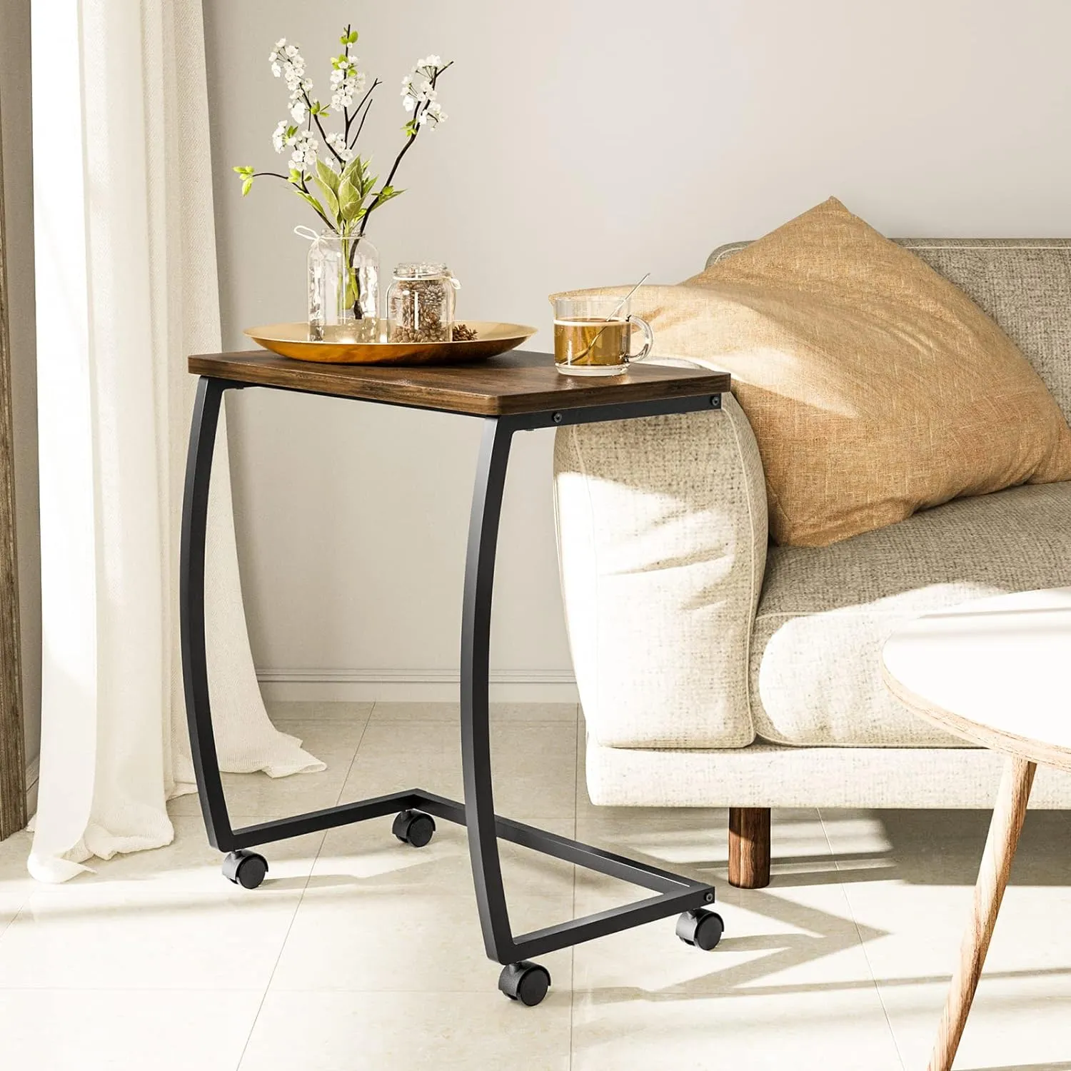 SRIWATANA Side Table, C-Shaped End Table with Rolling Wheels,Rustic Sofa Couch Table for Laptop Coffee Snack, Dark Walnut