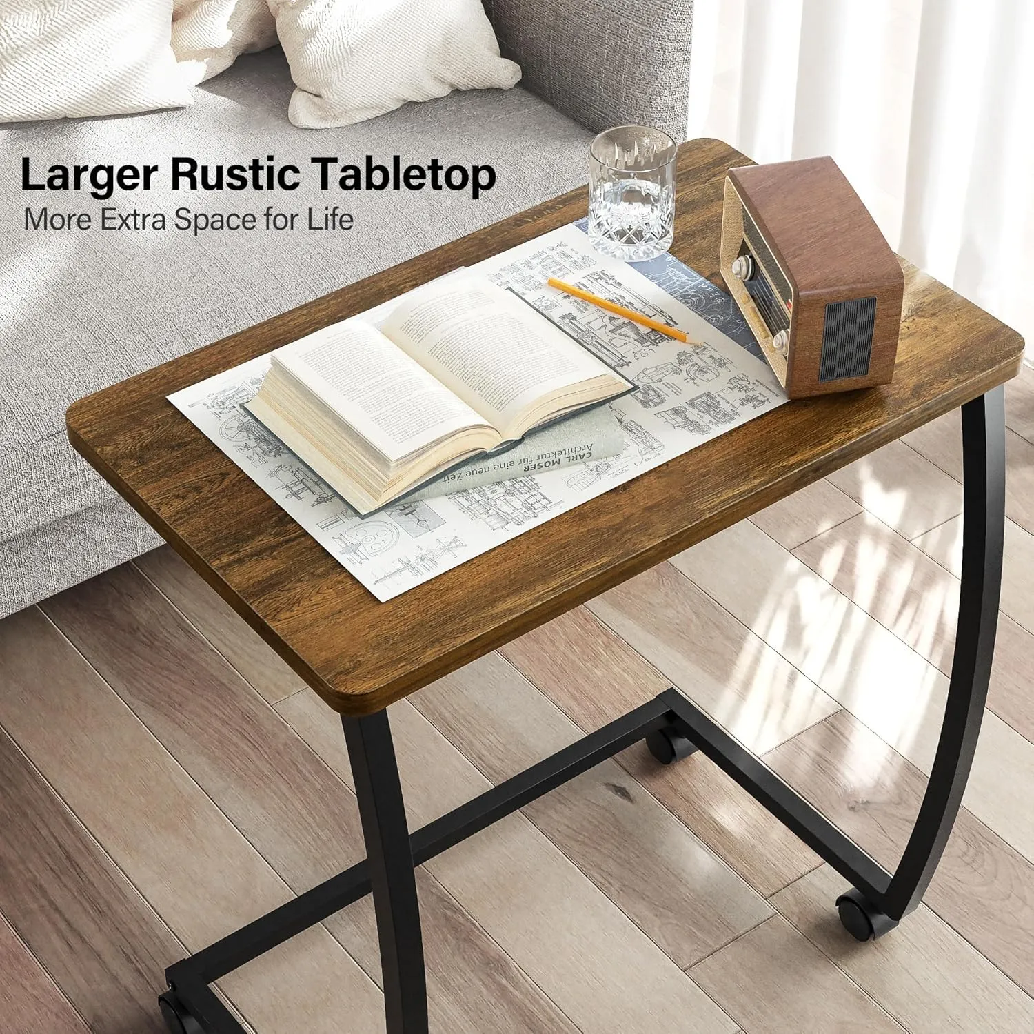 SRIWATANA Side Table, C-Shaped End Table with Rolling Wheels,Rustic Sofa Couch Table for Laptop Coffee Snack, Dark Walnut