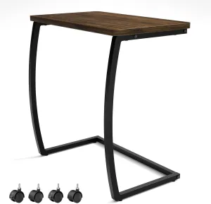 SRIWATANA Side Table, C-Shaped End Table with Rolling Wheels,Rustic Sofa Couch Table for Laptop Coffee Snack, Dark Walnut