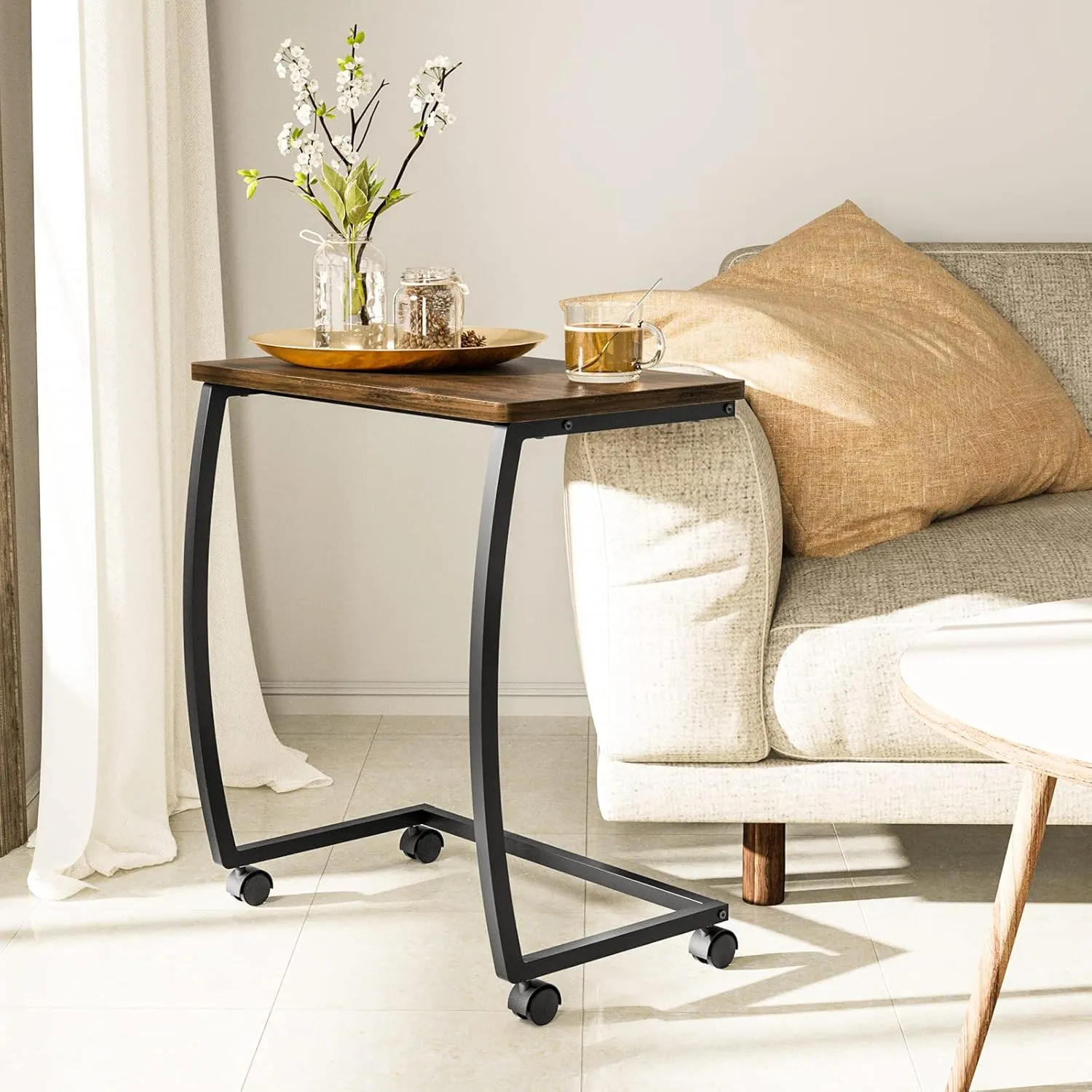 SRIWATANA Side Table, C-Shaped End Table with Rolling Wheels,Rustic Sofa Couch Table for Laptop Coffee Snack, Dark Walnut