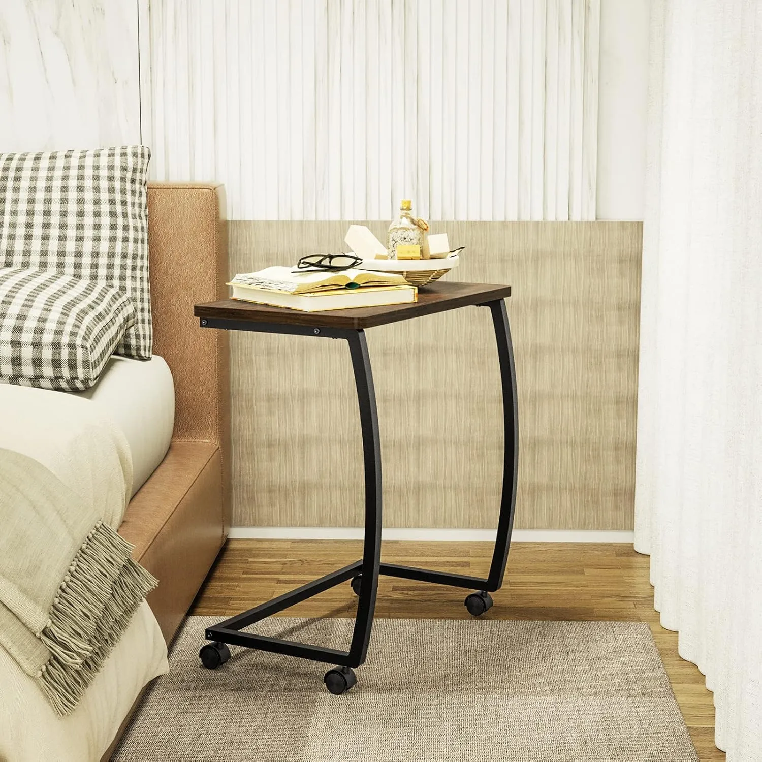 SRIWATANA Side Table, C-Shaped End Table with Rolling Wheels,Rustic Sofa Couch Table for Laptop Coffee Snack, Dark Walnut