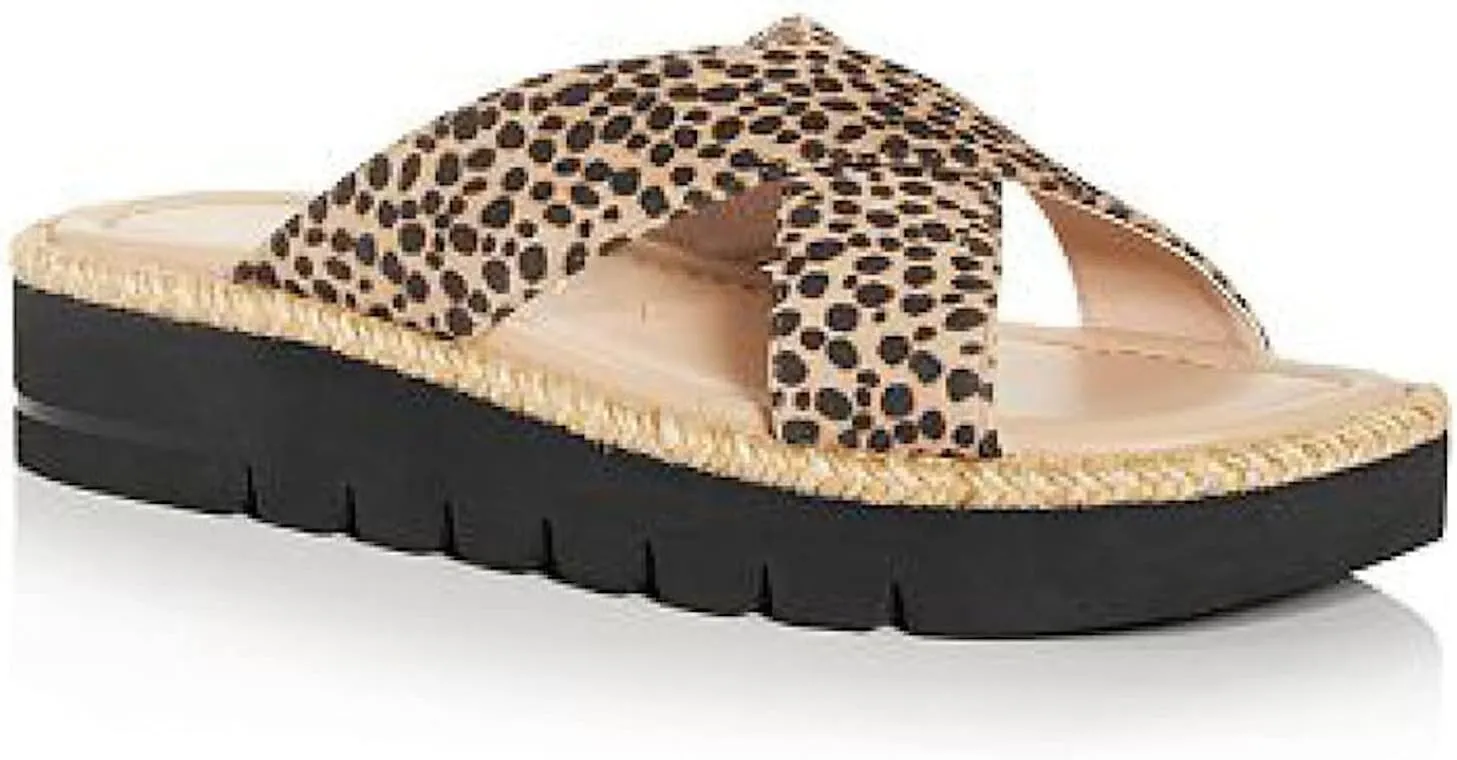 Stuart Weitzman Womens Brown Animal Print 1/2" Platform Jute Cushioned Braided Roza Square Toe Wedge Slip On Leather Slide Sandals Shoes 8 B