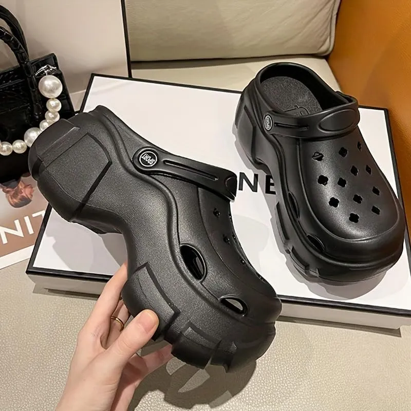 Stylish Platform Clogs, Chunky Heel Solid Color Closed Toe EVA Slide Shoes, Women's Outdoor Sandals