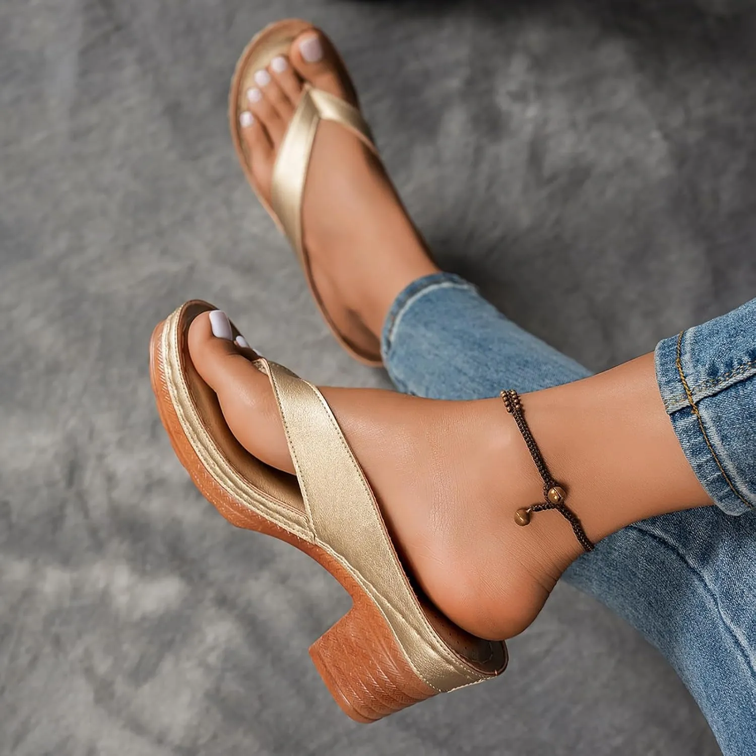 Summer Sandals for Women 2025 Women's Orthopedic Dressy Chunky Heel Sandal Arch Support Comfortable Slip-On Open Toe Heeled Flip Flops Bridal Party Wedding Shoes Casual Wedge Thong Sandals