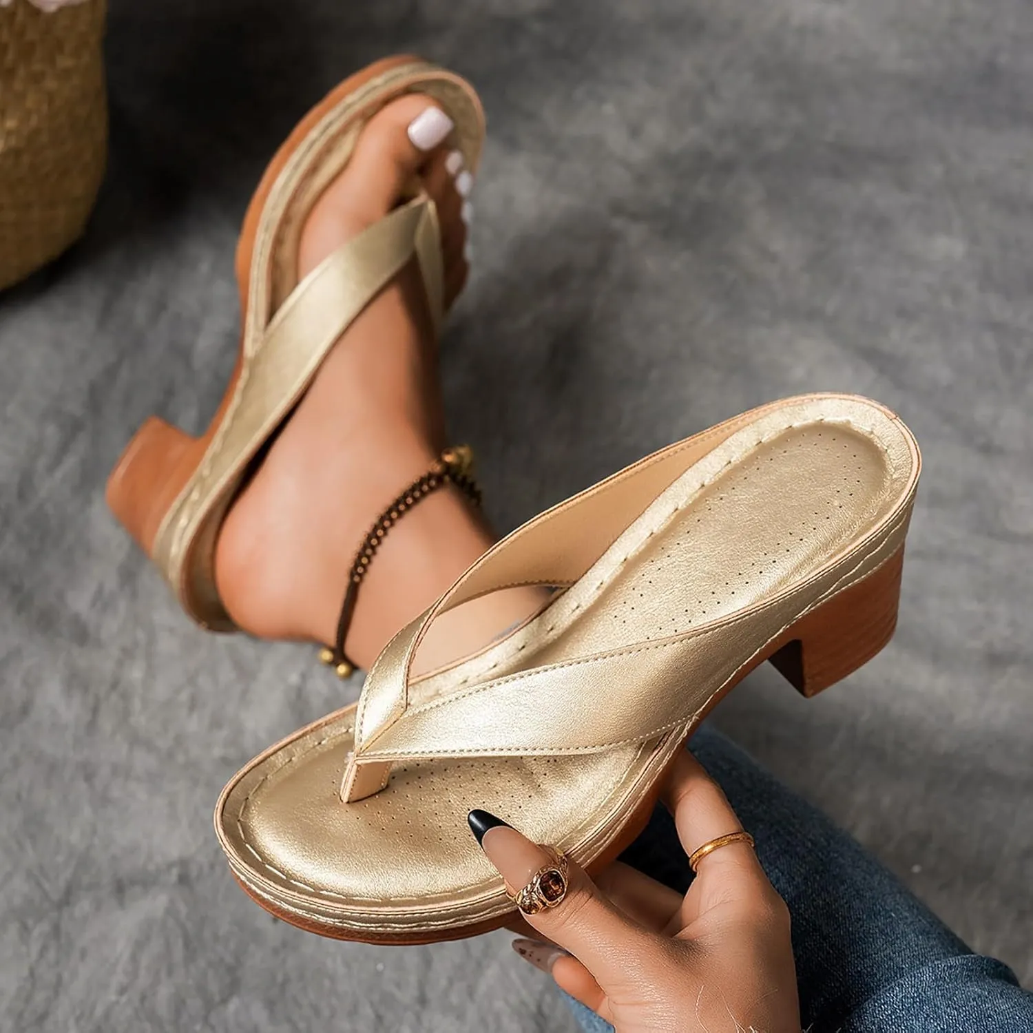 Summer Sandals for Women 2025 Women's Orthopedic Dressy Chunky Heel Sandal Arch Support Comfortable Slip-On Open Toe Heeled Flip Flops Bridal Party Wedding Shoes Casual Wedge Thong Sandals