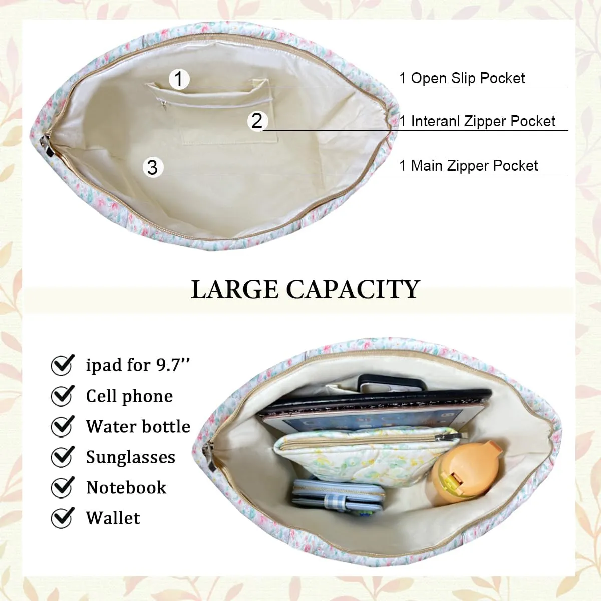 Sunwel Fashion Top Zipper Women Floral Quilted Tote Bag for Work Travel Gym Shopping Beach