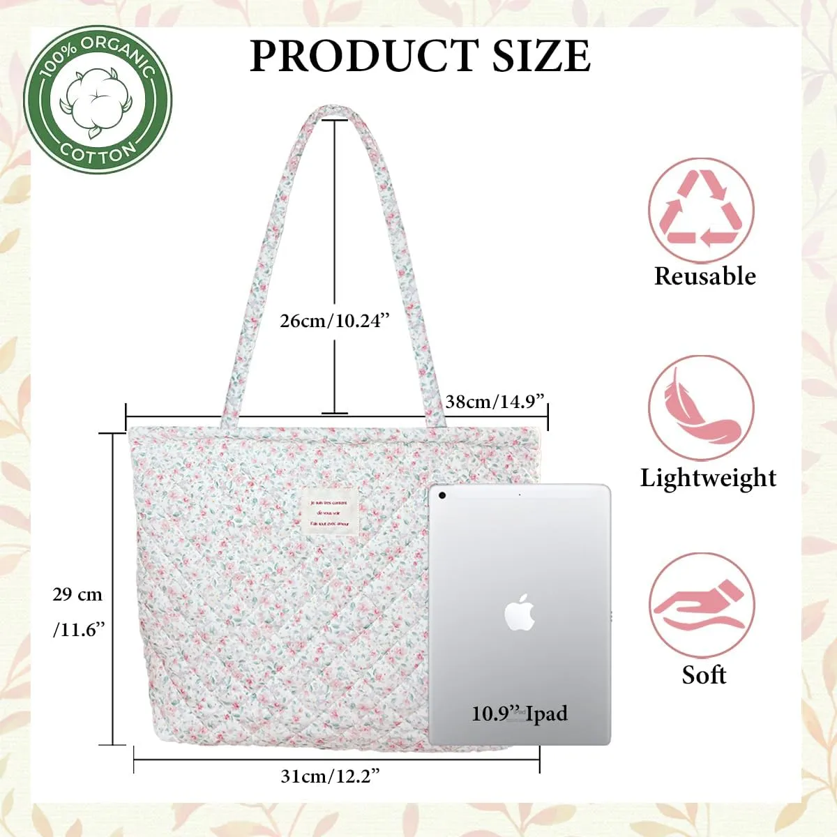 Sunwel Fashion Top Zipper Women Floral Quilted Tote Bag for Work Travel Gym Shopping Beach