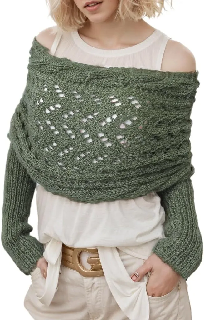 Sweater Scarf with Sleeves for Women Multi-Use Knitted Cable Wrap Shrugs Crochet Fashion Shawl Cape