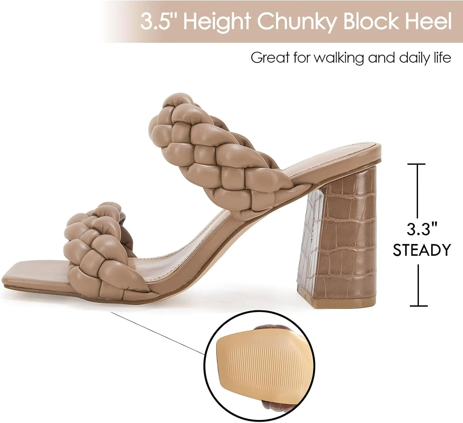 Syktkmx Women's Braided Heeled Sandals Backless Square Open Toe Block Slide Sandals