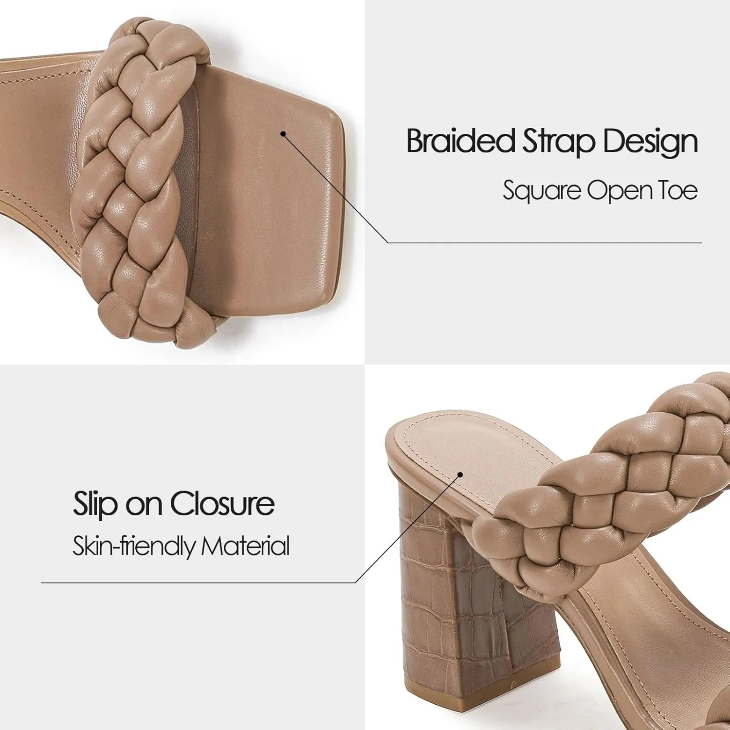 Syktkmx Women's Braided Heeled Sandals Backless Square Open Toe Block Slide Sandals