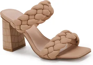 Syktkmx Women's Braided Heeled Sandals Backless Square Open Toe Block Slide Sandals
