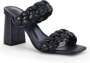 Syktkmx Women's Braided Heeled Sandals Backless Square Open Toe Block Slide Sandals