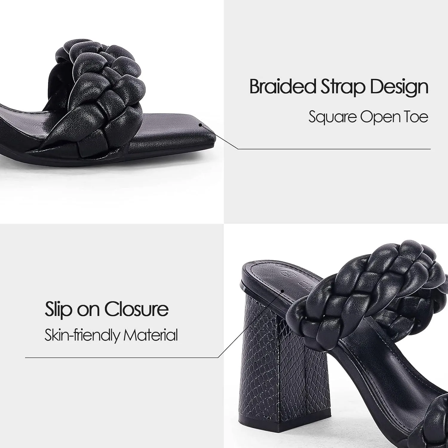 Syktkmx Women's Braided Heeled Sandals Backless Square Open Toe Block Slide Sandals