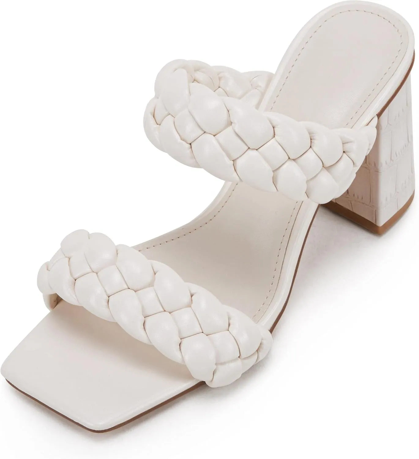 Syktkmx Women's Braided Heeled Sandals Backless Square Open Toe Block Slide Sandals