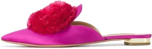 Tanaoen Mules for Women, Puff Pompom-Embellished Slip On Loafers Backless Pointed Toe Satin Mule Slides