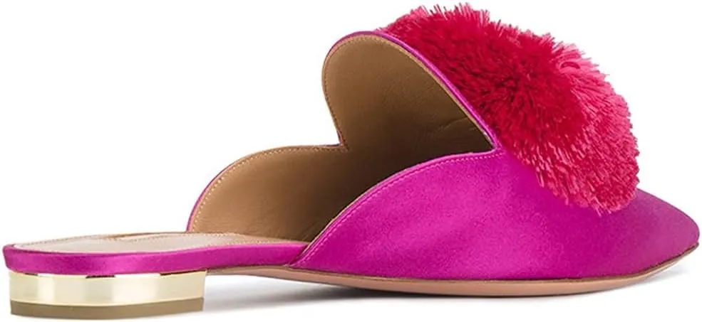 Tanaoen Mules for Women, Puff Pompom-Embellished Slip On Loafers Backless Pointed Toe Satin Mule Slides