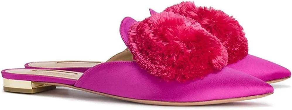 Tanaoen Mules for Women, Puff Pompom-Embellished Slip On Loafers Backless Pointed Toe Satin Mule Slides
