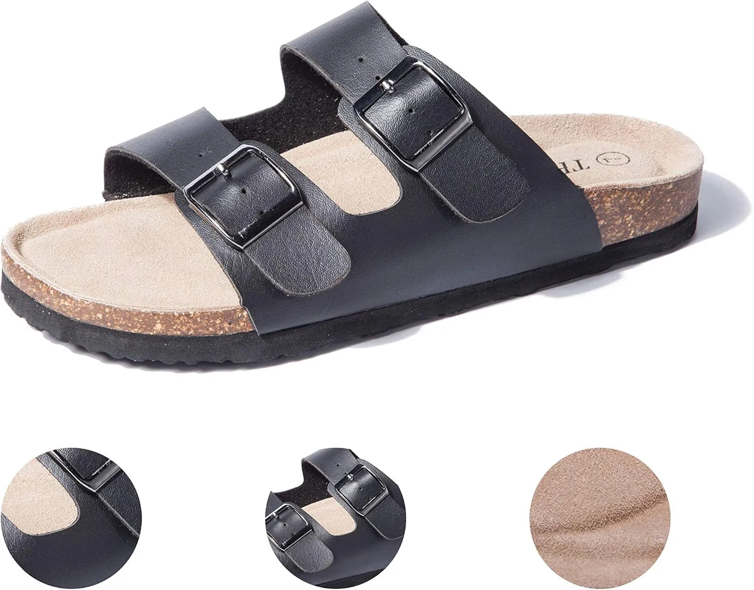 TF STAR Women 2-Strap Adjustable Buckle, Flat Casual Cork Slide Sandals,Slide Cork Footbed Sandals for Women