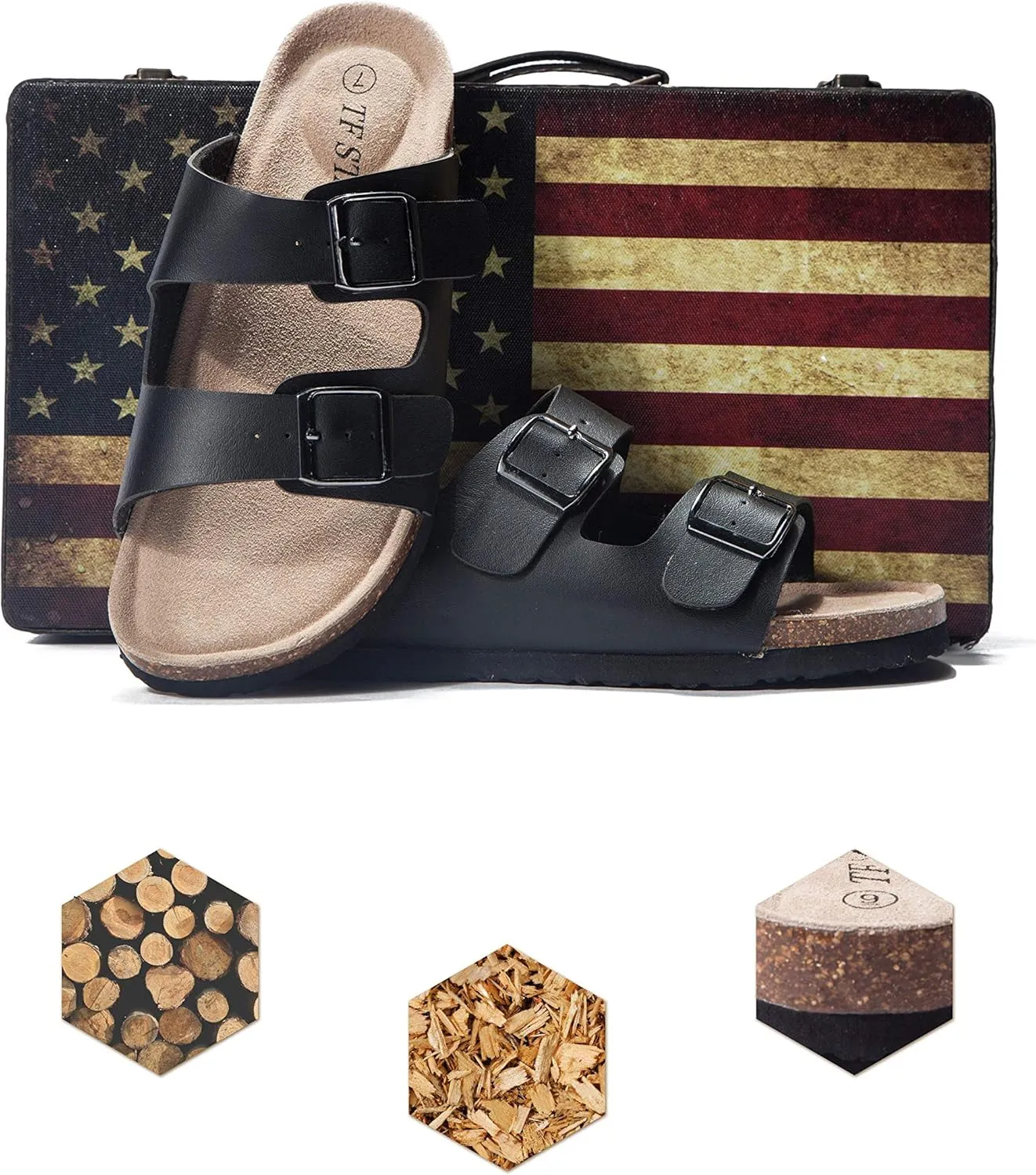TF STAR Women 2-Strap Adjustable Buckle, Flat Casual Cork Slide Sandals,Slide Cork Footbed Sandals for Women